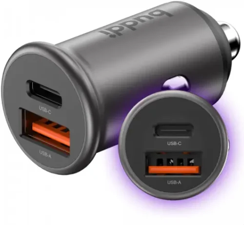 Buddi Power 45W Car Charger USB-A + C Port with Fast Charging Gray