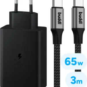 Original Samsung 65W Power Adapter with 100W Buddi Flex USB-C cable 3M Black