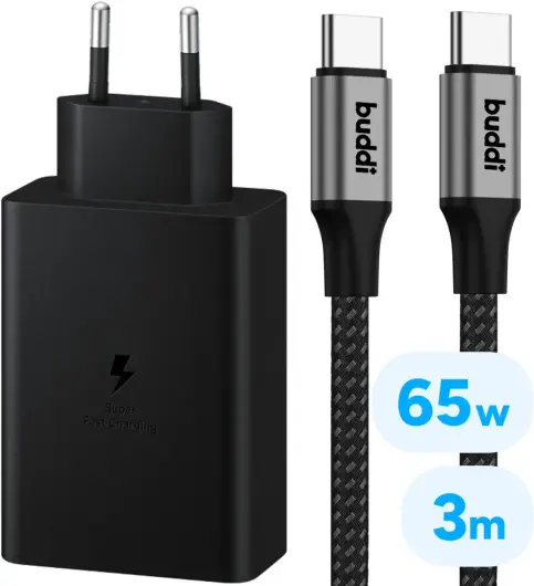 Original Samsung 65W Power Adapter with 100W Buddi Flex USB-C cable 3M Black