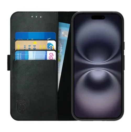 Rosso Deluxe Apple iPhone 16 Case Genuine Leather Book Case Black