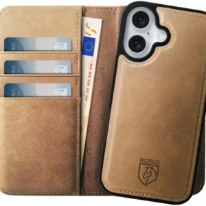 Rosso Elite Apple iPhone 16 Case with MagSafe Book Case Genuine Leather Light Brown