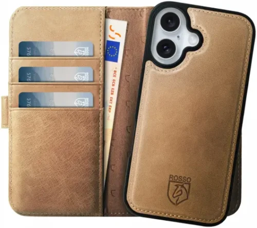 Rosso Elite Apple iPhone 16 Case with MagSafe Book Case Genuine Leather Light Brown