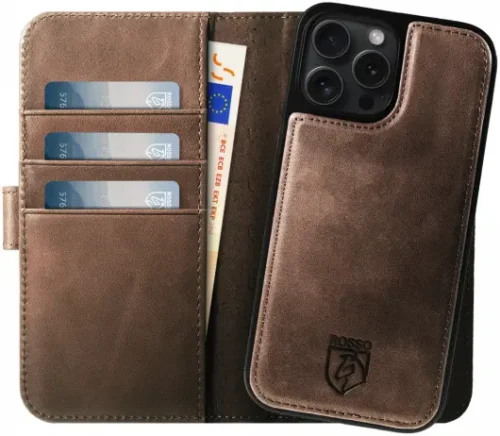 Rosso Elite Apple iPhone 16 Pro Case MagSafe Book Case Genuine Leather Brown