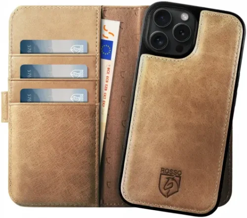 Rosso Elite iPhone 16 Pro Max Case MagSafe Book Case Genuine Leather Light Brown