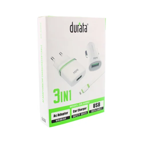 Durata 3in1 AC Adapter Car Charger USB Data Cable DRA3002