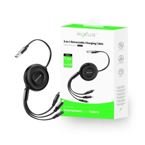 Rixus RXUC25 Multi Charging 3 In 1 Retractable Fast Charger Cable Black