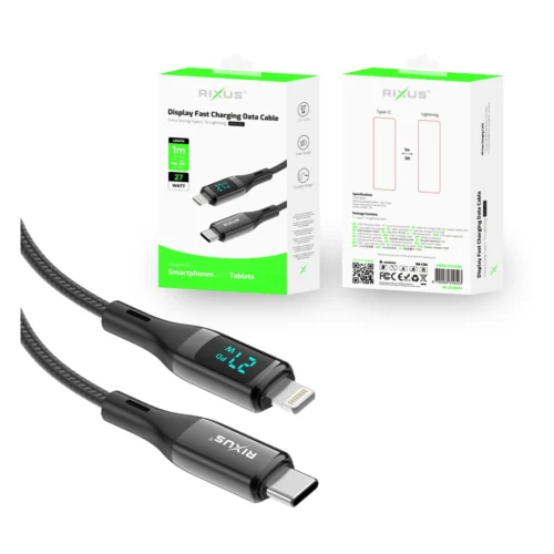 Rixus RXUC28L Braided USB-C To Lightning Cable With LED Display 1m Black