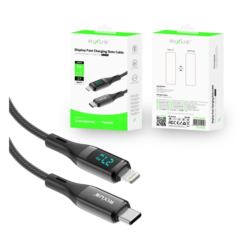 Rixus RXUC28L Braided USB-C To Lightning Cable With LED Display 1m Black
